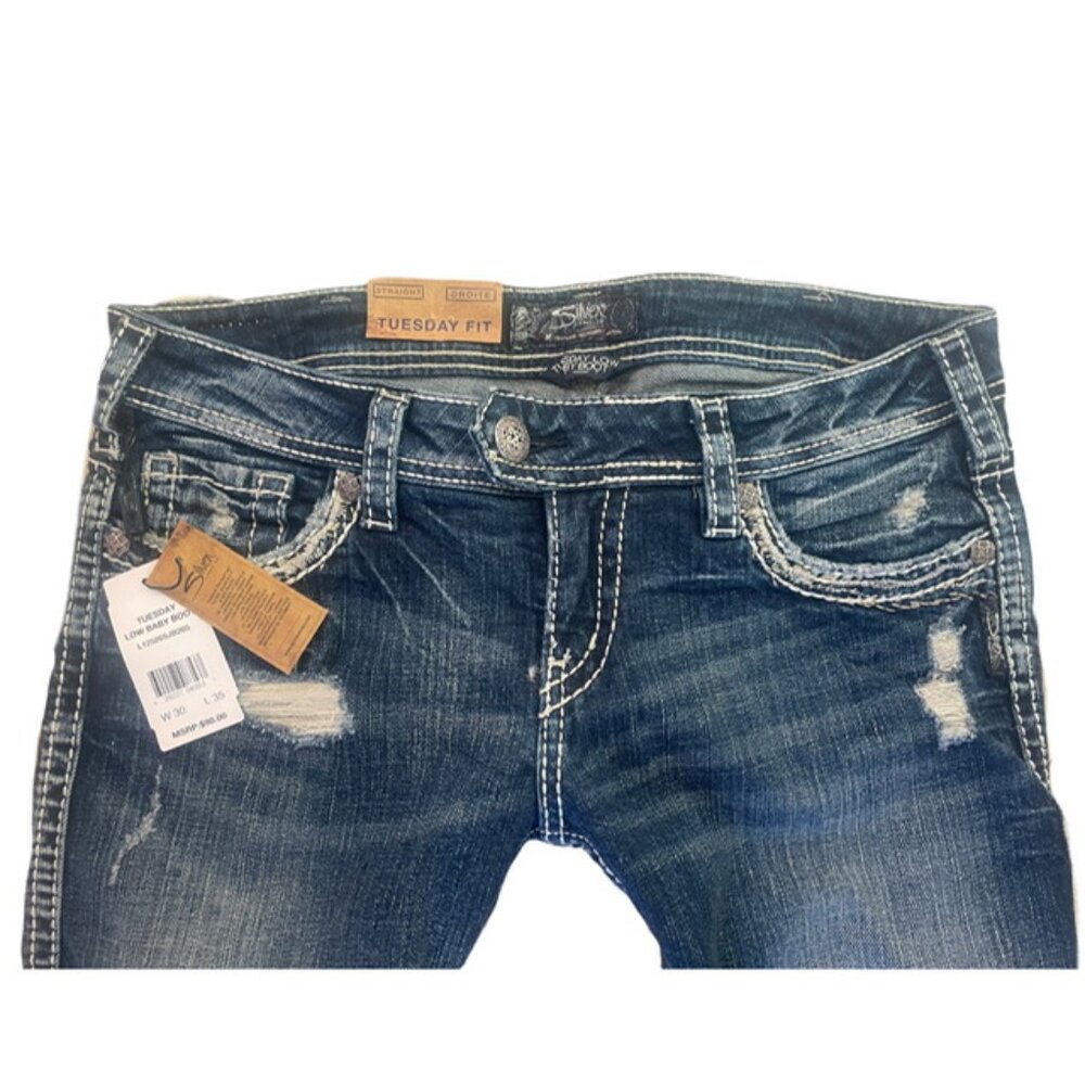 NWT! Distressed TUESDAY DROITE Silver Jeans! BABY BOOT! Tag 30/35 measured 32/35